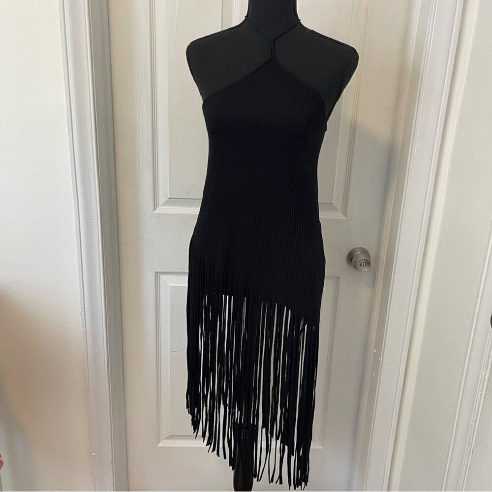 Zara Black Asymmetric Fringe Halter Dress - Picture 7 of 11